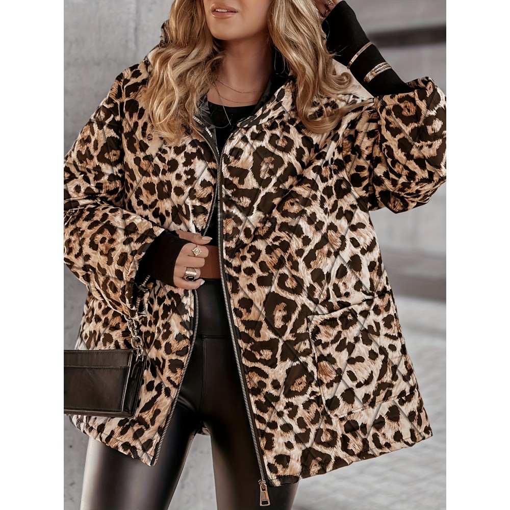Plus Size, 's Plus Size Oversized Leopard Print (Brown/Black) Full-Zip Hooded Winter Jacket - -Like Collar, Thick Warm Outerwear, Machine Washable, Casual & Dressy Blazer for Fall/Winter, Versatile Outerwear