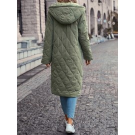 Plus Size - Women'S Elegant Quilted Hooded Coat with Slant Pockets - Warm & Comfortable Long Sleeve Outerwear, Olive Green, Button-Up Front, All-Season Wear, Casual Style, Casual Winter Wear | Quilted Design | Buttonup Coat