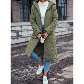 Plus Size - Women'S Elegant Quilted Hooded Coat with Slant Pockets - Warm & Comfortable Long Sleeve Outerwear, Olive Green, Button-Up Front, All-Season Wear, Casual Style, Casual Winter Wear | Quilted Design | Buttonup Coat
