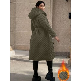 Plus Size - Elegant Fashion Quilted Over-the-Knee Dress with a Loose Hooded Design, Featuring a Belt for Women.
