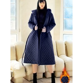 Plus Size - Elegant Fashion Quilted Over-the-Knee Dress with a Loose Hooded Design, Featuring a Belt for Women.