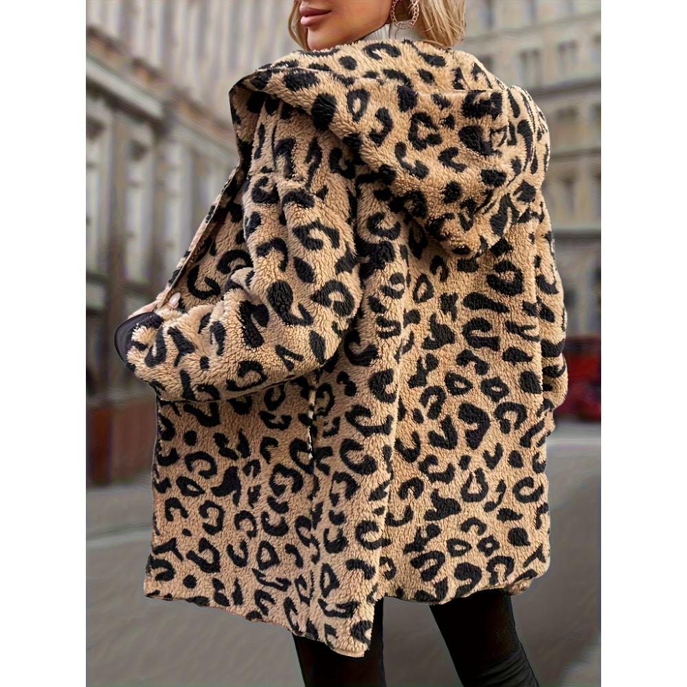 Leopard Print Plus Size Women's Elegant Hooded Winter Coat - Machine Washable Outerwear for Fall & Winter, Soft Warm Fabric, Stylish Women's Outerwear with Hood for Casual to Formal Events