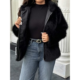 Plus Size - Women'S Plus Size Elegant Long Sleeve Zip-Up Jacket with Faux Fur Hood & Belt - Solid Color Casual Coat, Machine Washable, Non-Stretch Fabric, Front Zipper Closure, Plus Size Jacket