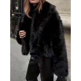 Plus Size - Women'S Plus Size Elegant Long Sleeve Faux Fur Coat - Cozy Warm Solid Color Shawl with Front Button Closure, Fluffy Lined, Slim Fit for Fall/Winter Fashion, Winter Fashion Coat | Elegant Long Sleeve Coat | Plush Lined Interior