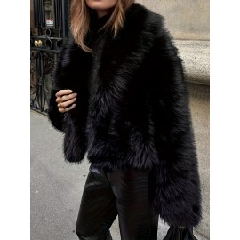 Plus Size - Women'S Plus Size Elegant Long Sleeve Faux Fur Coat - Cozy Warm Solid Color Shawl with Front Button Closure, Fluffy Lined, Slim Fit for Fall/Winter Fashion, Winter Fashion Coat | Elegant Long Sleeve Coat | Plush Lined Interior