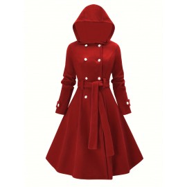 [Plus Size Christmas Coat] Christmas Women's Plus Size Coat | Elegant Double-Breasted Hooded Fleece-Style Polyester Coat with Ribbed Cuffs & Hem, Machine Washable Winter Outerwear for Holiday Parties & Cold Weather