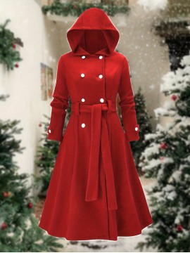 [Plus Size Christmas Coat] Christmas Women's Plus Size Coat | Elegant Double-Breasted Hooded Fleece-Style Polyester Coat with Ribbed Cuffs & Hem, Machine Washable Winter Outerwear for Holiday Parties & Cold Weather