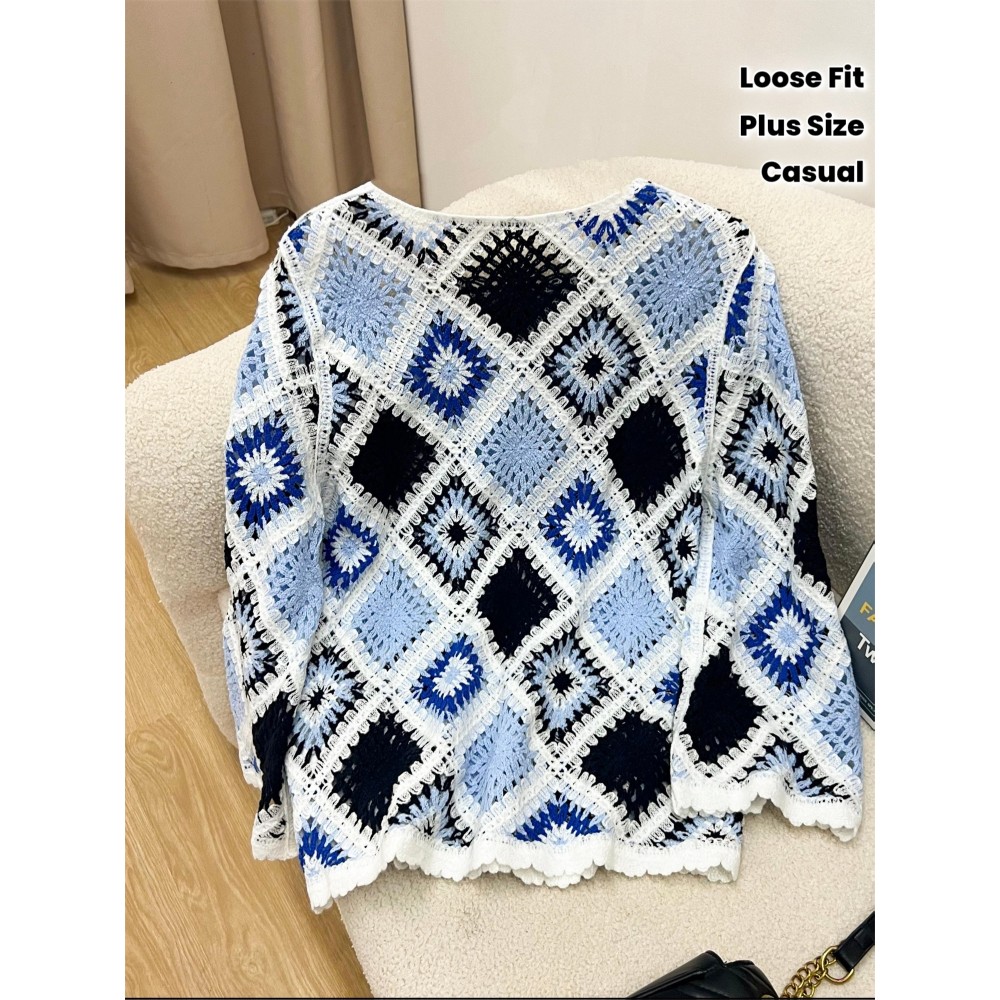 Plus Size - Women'S Bohemian Style Crochet Top - Lightweight Hollow Round Neck Sweater with Blue & Black Color Block Design, Long Sleeve Pullover for Fall/Winter