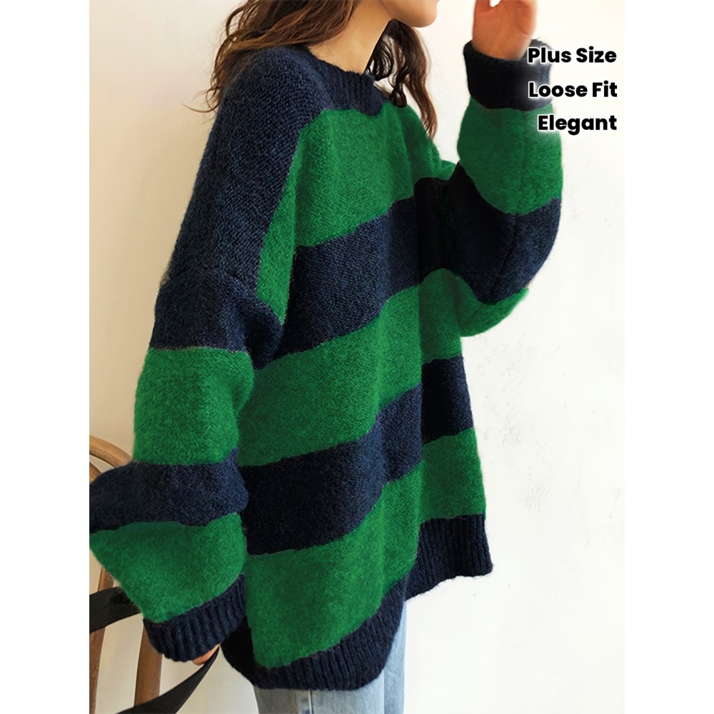Plus Size - Plus Size, Women'S Plus Size Sweater - Green & Navy Blue Color Block, Loose Fit Long Sleeve Pullover Sweater for Fall/Winter, Non-Stretchy Sweater for Everyday & Formal Outfits - Elegant Women'S Sweater, Winter Wardrobe, Drop Shoulder Design, Cozy Material, Stylish Knitwear, Casual Wear, Green And Black/red Striped Sweater For Women, Crossover Sweater For Women